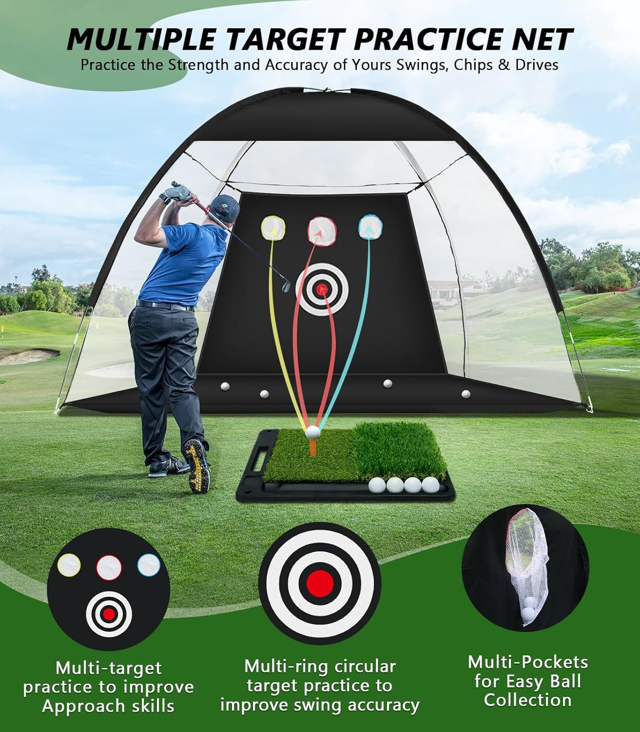 Ultimate 10x7 Ft Golf Practice Net with Heavy Base & Dual-Turf Mat - All-in-One Multi-Target Hitting Aid for Indoor & Outdoor Training